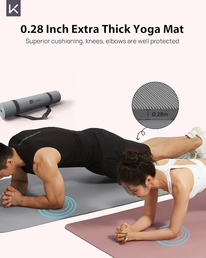 KEEP Yoga Mat, 32" Extra Wide Exercise Mat with Strap for Men and Women, 7mm Thick Double-Sided Non-Slip Eco-friendly Yoga Mat for Pilates, Workout and Fitness