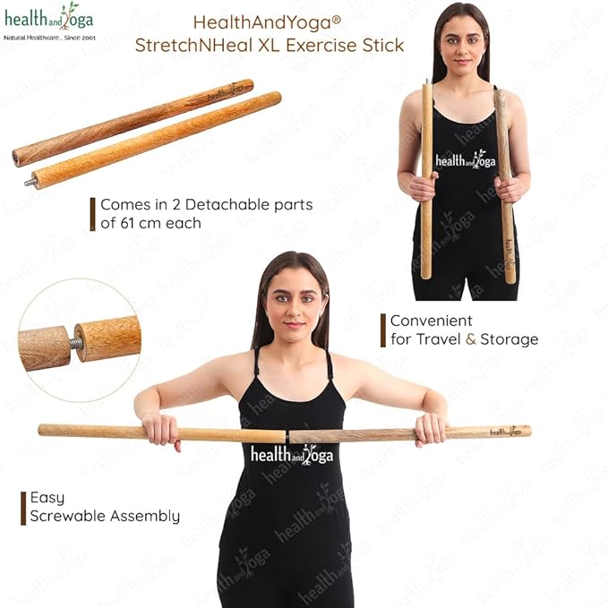 HealthAndYoga™ StretchNHeal Collapsible Multi-Use Wooden Yoga Stick - Regular and XL - Portable Posture Corrector Pole, Stretch Mobility Stick, Physical Workout Exercise Dowel