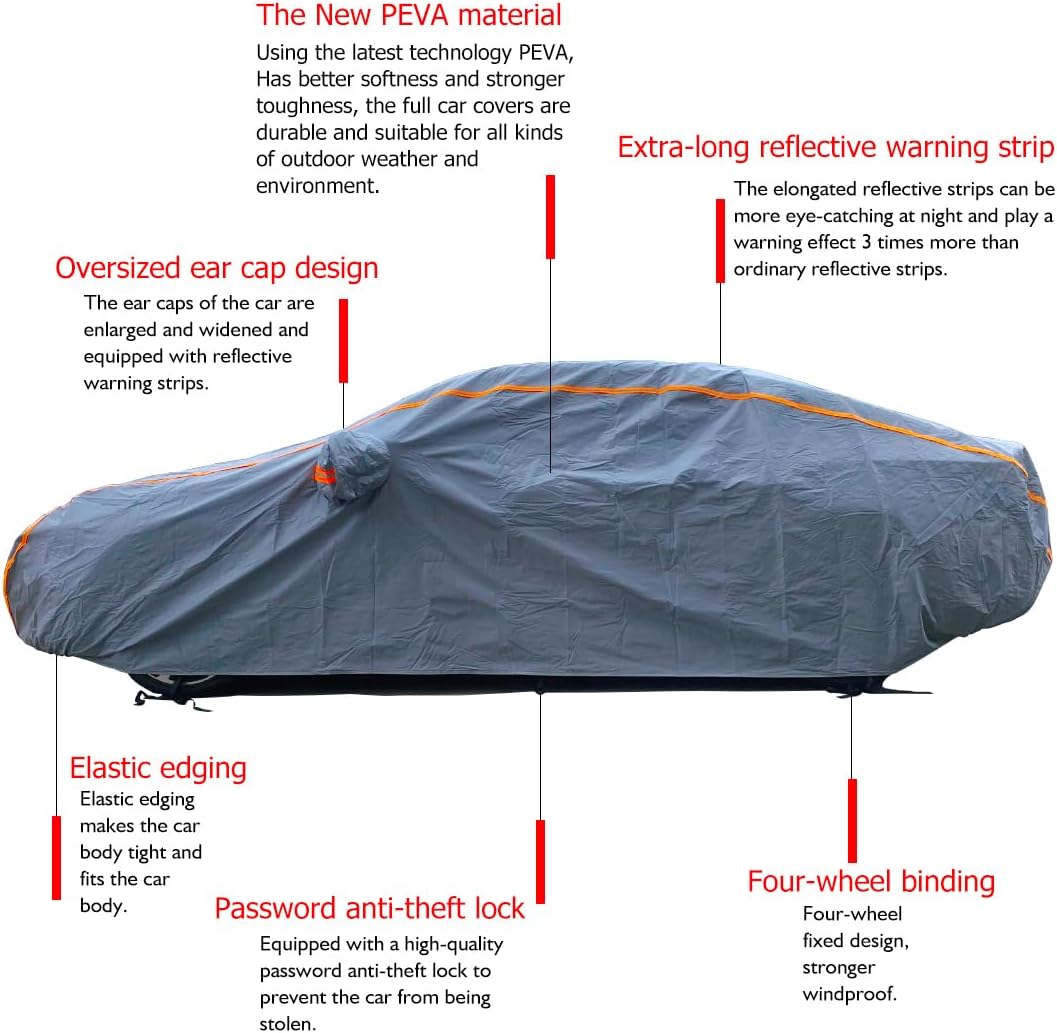 KEYOOG Universal Waterproof Heavy Weight Full Car Covers, Fit Pickup, All Weather, Outdoor Full Cover Weatherproof UV Sun Protection Snow Dust Storm Resistant with PEVA Cotton, Fit Length 198"-220"