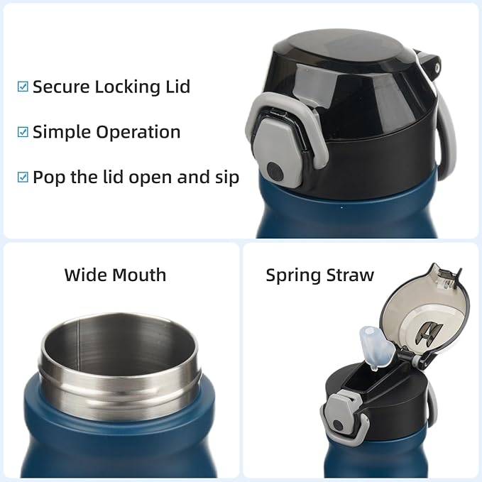 Insulated Water Bottle with Straw and Carry Loop,18 oz Stainless Steel Double Wall Vaccum Metal Water Flask with Leak-proof Lid,Navy blue