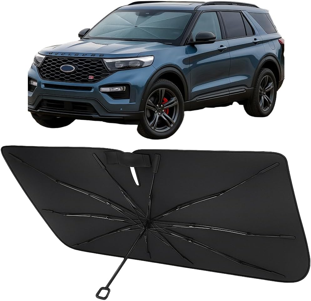 Proadsy Windshield Sun Shade Umbrella for Ford Explorer 2020-2025 Foldable Car Umbrella Sunshade with Soft TPU Handle Spring Structure Crystal Cooling Material Protect Car from Rays & Heat