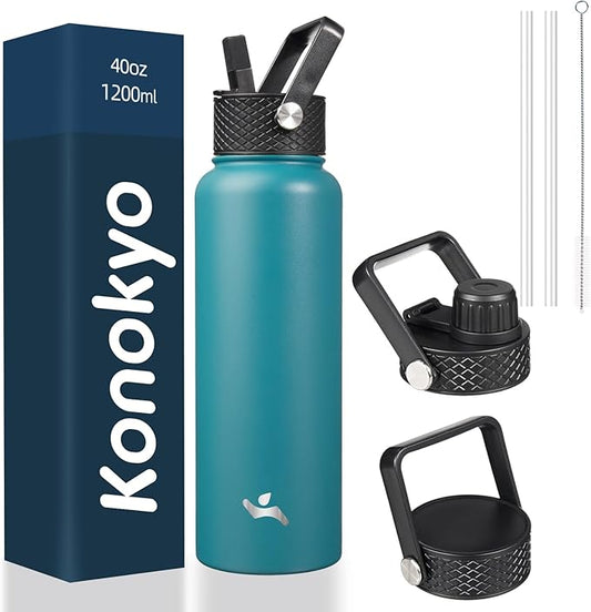40oz Insulated Water Bottle Stainless Steel Sport Bottles with 3 Lids,Light Blue