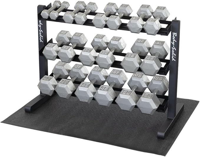 Body Solid (GDR363-RFHEX) Dumbbell Holder Rack with Hex Dumbbell Set 5-50 lbs & Vinyl Floor Mat, Weight Stand Rack for Dumbbells, Home and Commercial Gym Accessories