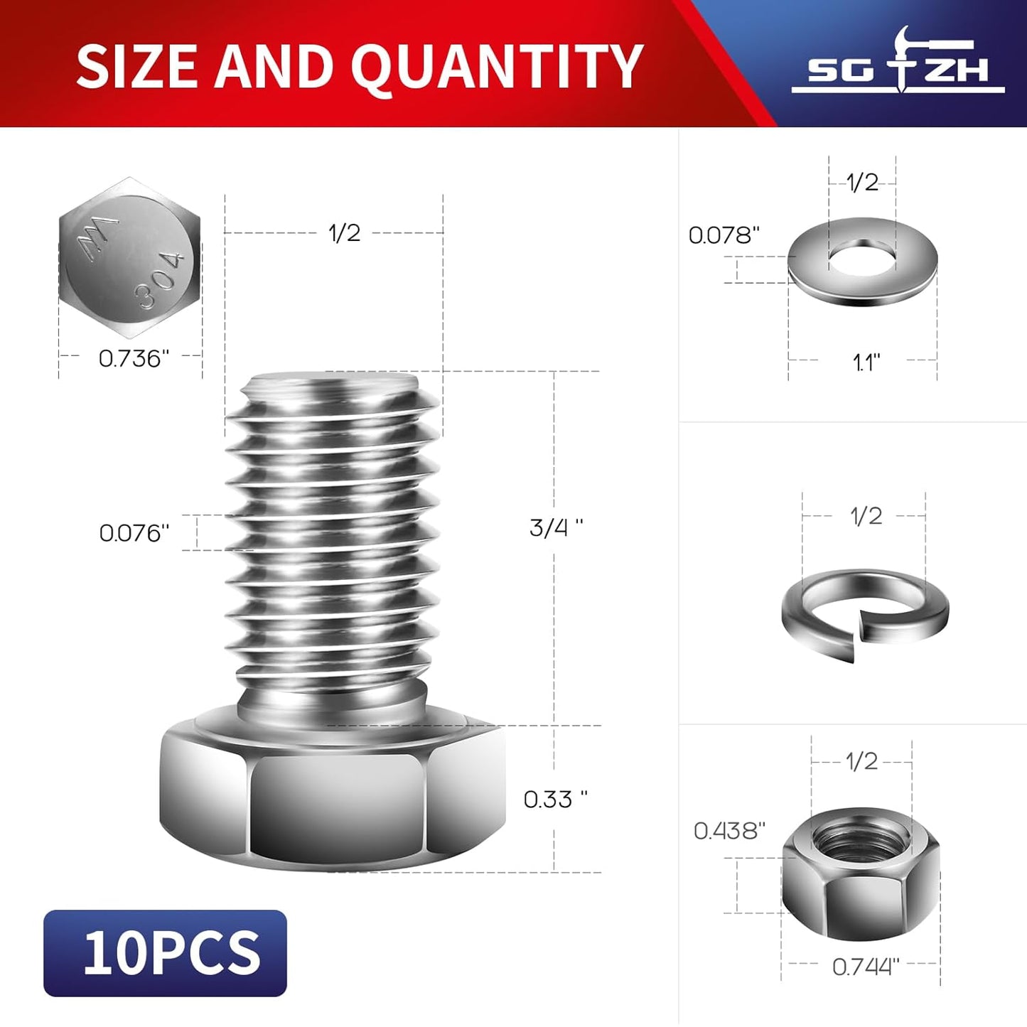 1/2-13 x 3/4" Hex Head Screw Bolt, Nuts, Flat & Lock Washers, 10Pcs 18-8 (304) Stainless Steel, Fully Threaded, by SG TZH
