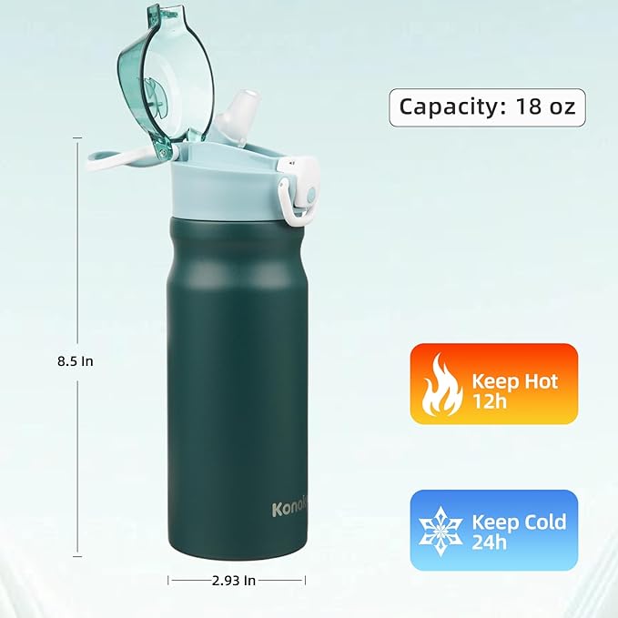 Insulated Water Bottle with Straw and Carry Loop,18 oz Stainless Steel Double Wall Vaccum Metal Water Flask with Leak-proof Lid,Dark Green