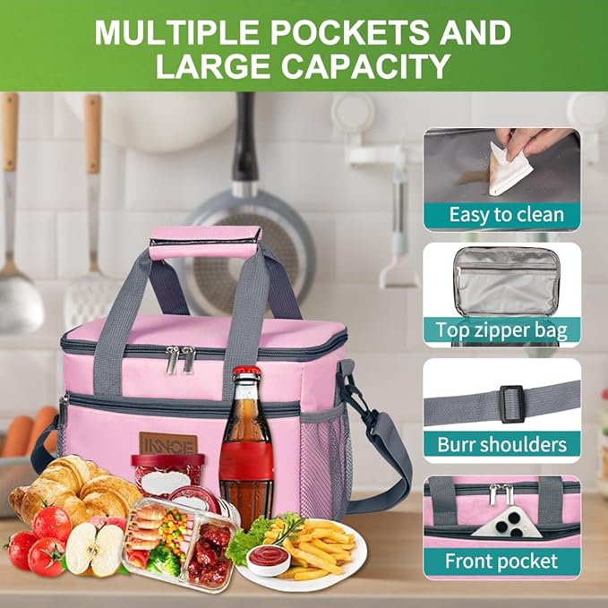 iknoe Large Foldable Cooler Bag, 8.5L Insulated Lunch Bag, Leakproof Lunch Cooler Tote with Multi-Bag Design Suitable for Beach, Picnic and Office Use, Pink 15-Can