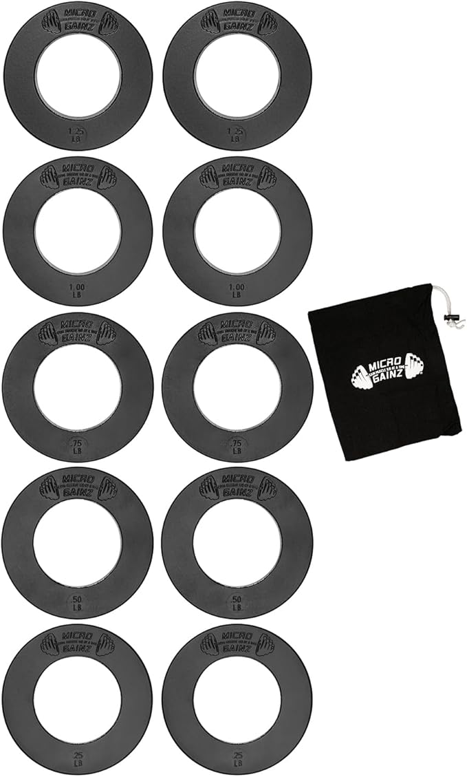 Micro Gainz Olympic Fractional Weight Plates Set, 10 Piece Olympic Weight Plates Set with Bag, Designed for Olympic Barbells for Strength Training and Micro Loading, Made in USA