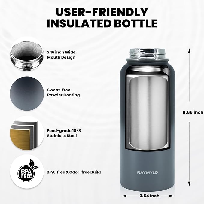 Insulated Water Bottle 32 oz, Triple Wall Vacuum Stainless Steel (Cold for 48 Hrs), Leak Proof & Non-BPA, Modern Water Flask Jug with Paracord Handle & Straw Spout Lids, Dark Grey