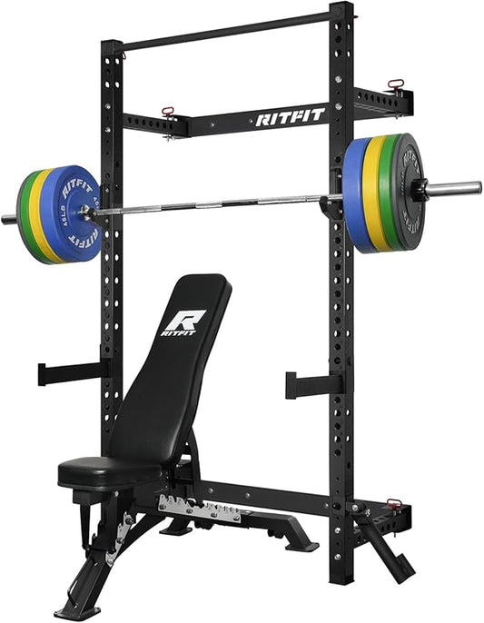 RitFit Multi-Functional Folding Squat Rack for Home Gym, 2.36'' x 2.36'' Wall Mounted Squat Rack with Attachments - Space Saving Squat Power Rack