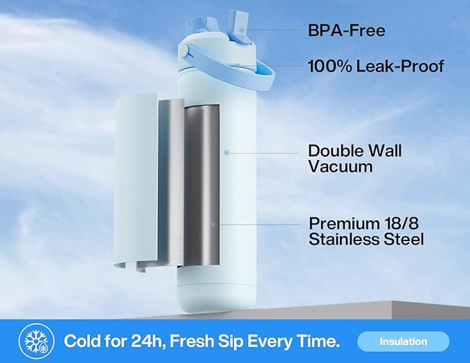 26 oz Insulated Water Bottle with 2-in-1 Straw and Spout Lid, Keep Cold 24H, Leak-Proof, Fits in Car Cup Holder, Stainless Steel Water Bottle for Sports, Travel, Gym, and School (Galaxy Splash)