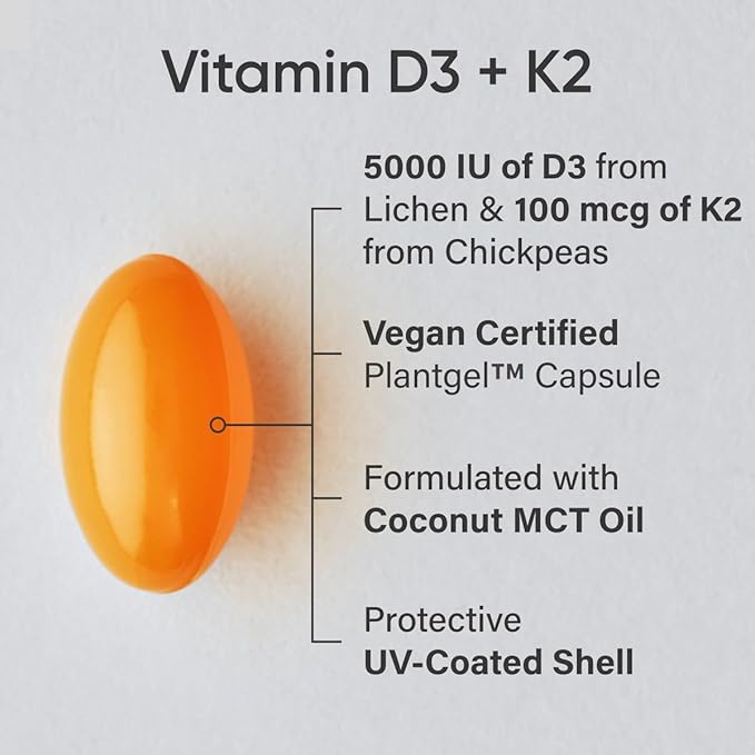 Sports Research® Vitamin D3 + K2 with Coconut MCT Oil | Vegan D3 5000 IU with K2 100 mcg for Bone & Immune Health | Vegan Certified, Soy & Gluten Free - 120 Softgels
