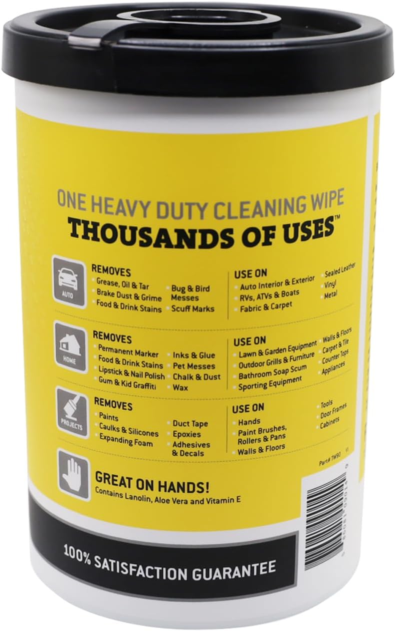 Tub O' Towels Heavy-Duty Multi-Surface Cleaning Wipes, 10" x 12", 90 Count Canister, Removes Grease, Grime, Tough Stains, Durable Disposable Wipes for Home, Garage, Outdoor Cleaning Tasks, 2-Pack
