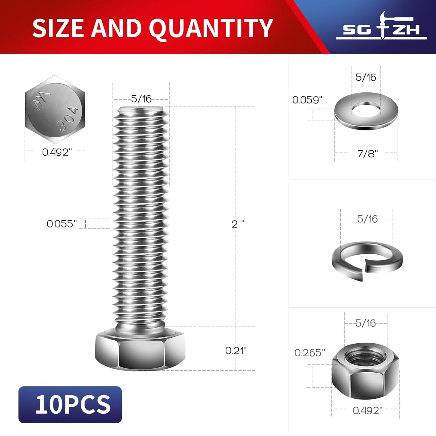 5/16-18 x 2" Hex Head Screw Bolt, Nuts, Flat & Lock Washers, 10Pcs 18-8 (304) Stainless Steel, Fully Threaded, by SG TZH