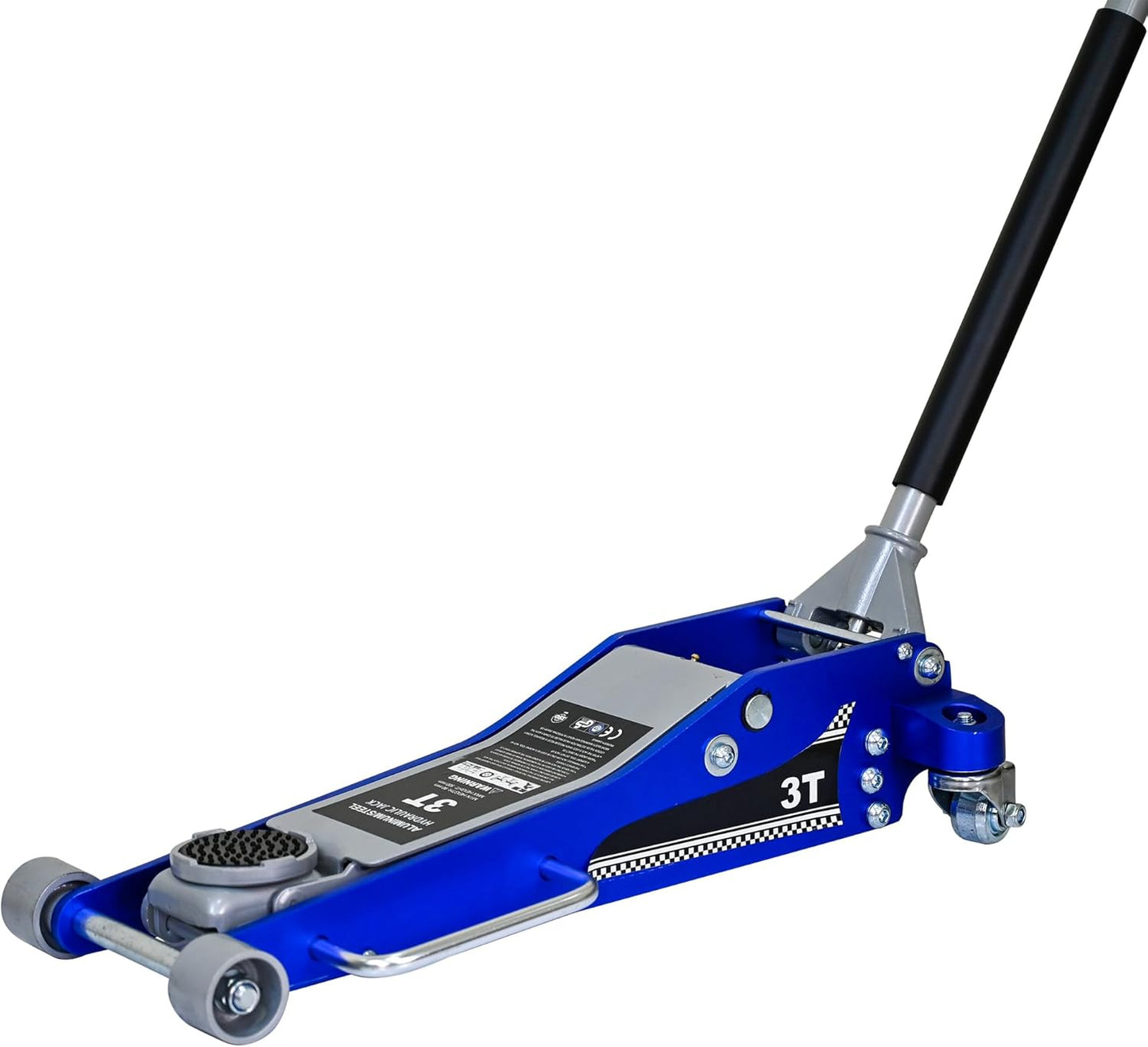 Aluminum Steel Hydraulic Floor Jack 3Ton/6600lbs.Dual Piston Fast Lifting Pump.Horizontal Floor Jack Lifting Range 4.3"-20".Racing Car Jack for MVPs,SUVs and Trucks.Trolley Jack with Extra Saddle