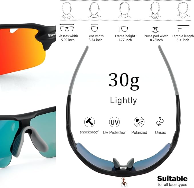 BangLong Polarized Sports Sunglasses Cycling Sun Glasses for Men Women with 5 Interchangeable Lenes for Running Baseball Golf