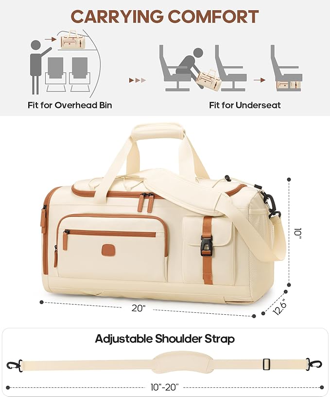 Gym Bag for Men and Women with Shoe & Laptop Compartment, 3-in-1 Sports Travel Duffel Bag Anti-Theft Weekender Carry-On Backpack for Airplane & Workout, Overnight Travel Bag,35L (Beige, Medium)