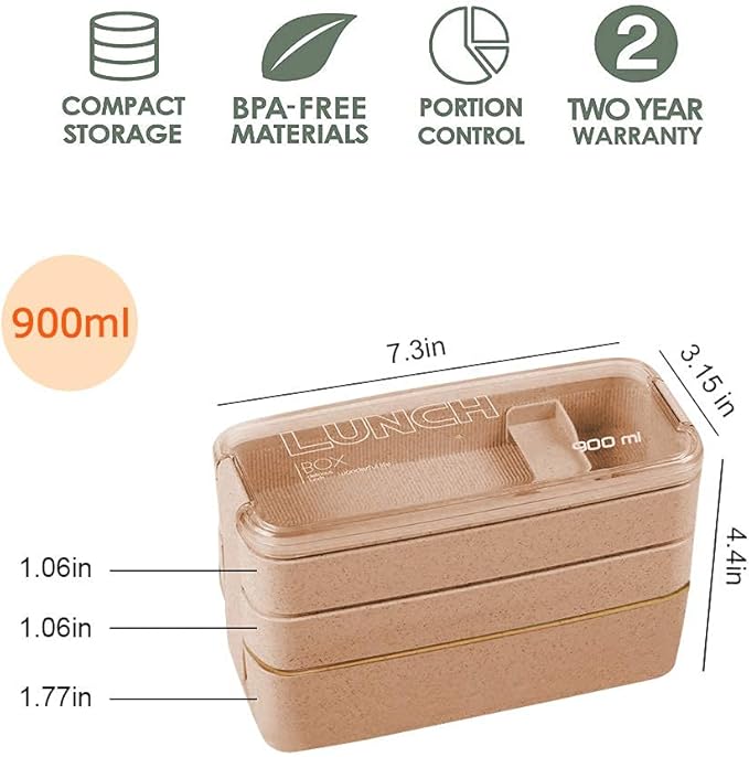Iteryn Bento Adults Lunch Box, Stackable Bento Box, 3-In-1 Compartment - Wheat Straw, Leakproof Bento Lunch Box Meal Prep Containers