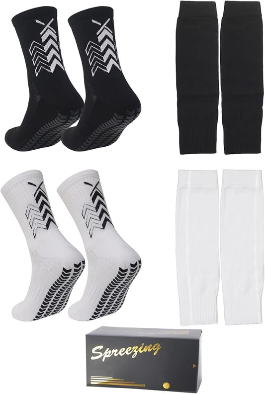 Grip Soccer Socks with Shin Guard Sleeves Non Slip Soccer Leg Sleeve Socks for Men Women Black/White 2 Set