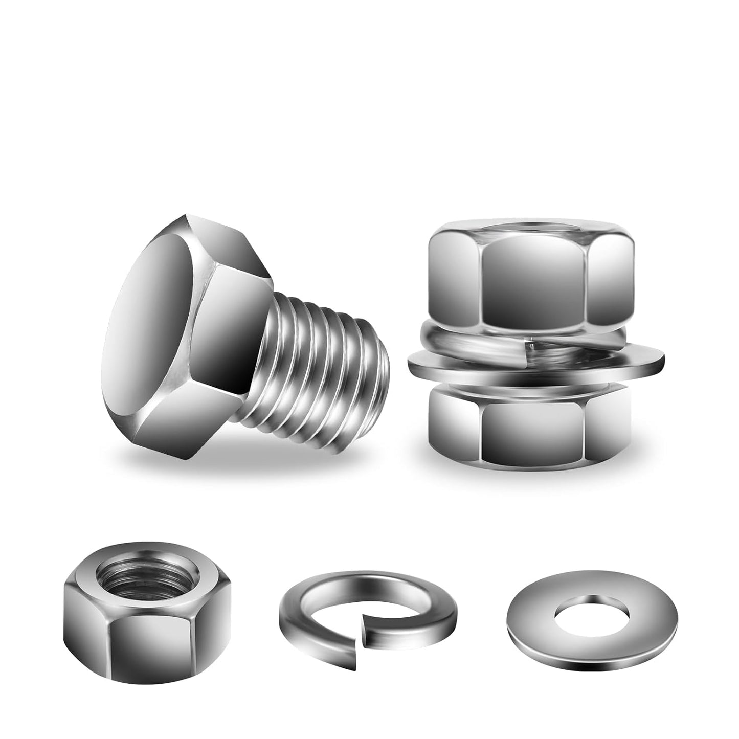 5/16-18 x 1/2" Hex Head Screw Bolt, Nuts, Flat & Lock Washers, 10Pcs 18-8 (304) Stainless Steel, Fully Threaded, by SG TZH