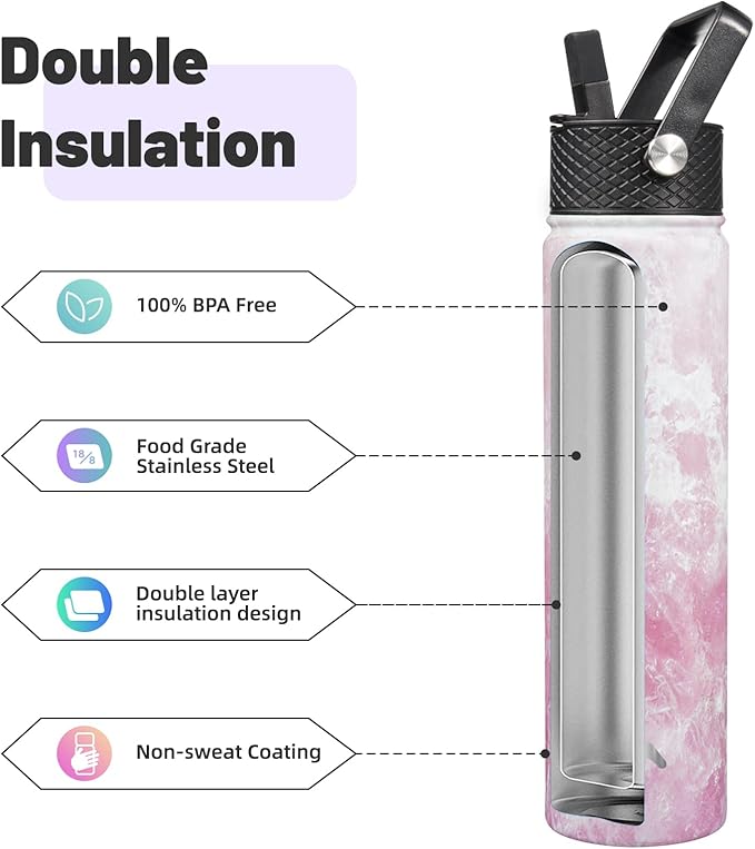 Insulated Water Bottle 24oz Stainless Steel Sport Bottles with 3 Lids,Marble Blossom