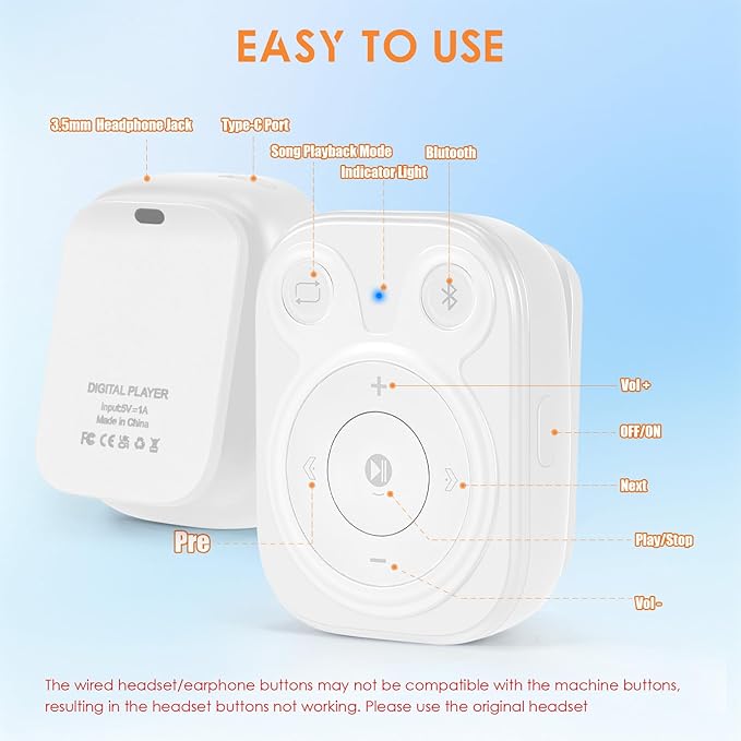 64GB Clip MP3 Player: Upgraded Bluetooth 5.3, Earphones Included, 15 Hours Battery Mini Music Player, 1000+ Songs Storage, No Phone Needed, Portable Music Players