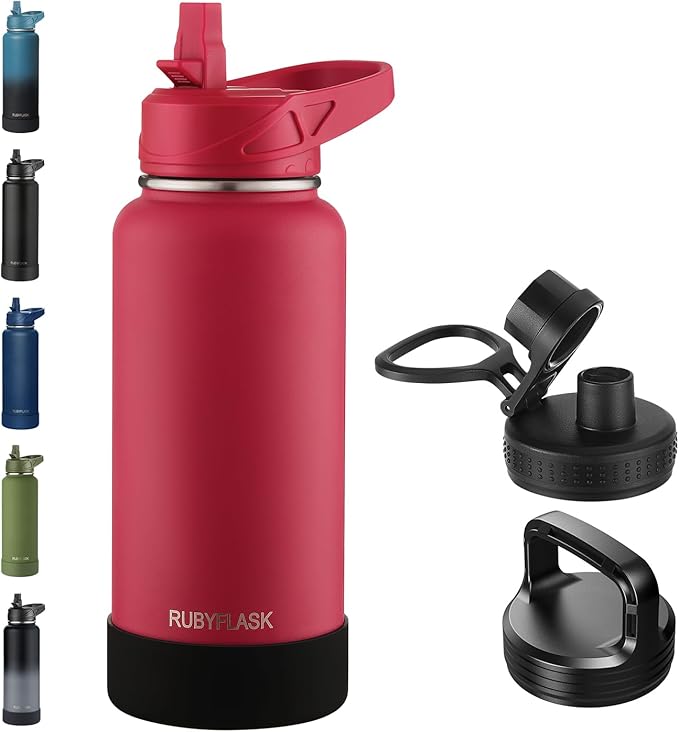 32oz Insulated Water Bottle with Straw, Stainless Steel Metal Vacuum Water Flask, Large Thermal Water bottle with Leakproof 3 Lids for Travel, Camping, Gym Sports Red