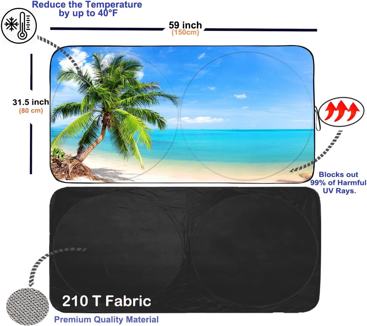 Gven Windshield Sun Shade Car Sun Shade Windshield Palm Tree Windshield Shade UV Protection Heat Reflective Car Sunshade Fits Small Sedans, Mini SUVs, Hatchbacks Car Accessories (Palm Tree, S)