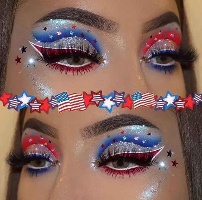 Red White and Blue Face Body Glitter, 4th of July Outfits for Women Girls USA Flag Pride Hair Body Face Glitter Gel Makeup Chunky Sequins, Fourth of July Accessories for Independence Day Celebrations