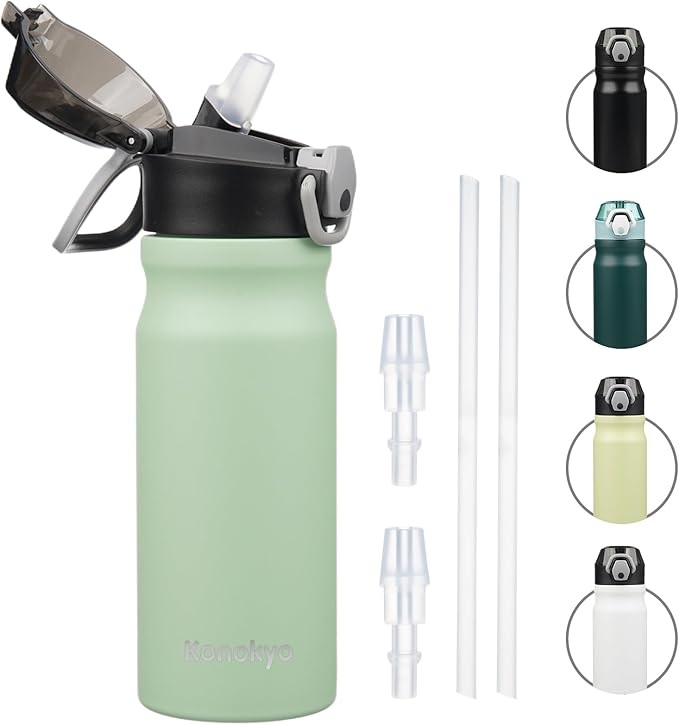 Insulated Water Bottle with Straw and Carry Loop,18 oz Stainless Steel Double Wall Vaccum Metal Water Flask with Leak-proof Lid, Avocado Green
