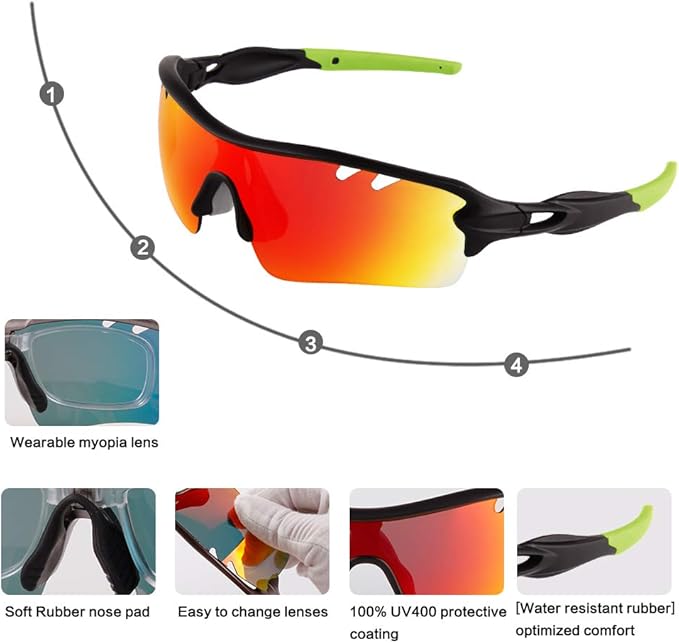 BangLong Polarized Sports Sunglasses Cycling Sun Glasses for Men Women with 5 Interchangeable Lenes for Running Baseball Golf