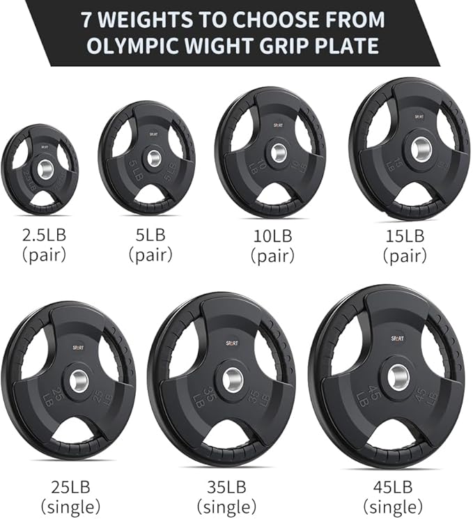 SPART Weight Plate 2-Inch Rubber Coated Olympic Grip Plate for Barbell,Solid Cast Iron Weight Plates in Pairs or Single for Strength Training,Weightlifting,Crossfit,Home Gym(5LB/10LB/25LB/35LB/45LB)