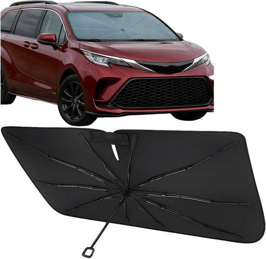 Proadsy Windshield Sun Shade Umbrella for Toyota Sienna 2021-2025 2026 Foldable Car Umbrella Sunshade with Soft TPU Handle Spring Structure Crystal Cooling Material Protect Car from Rays & Heat