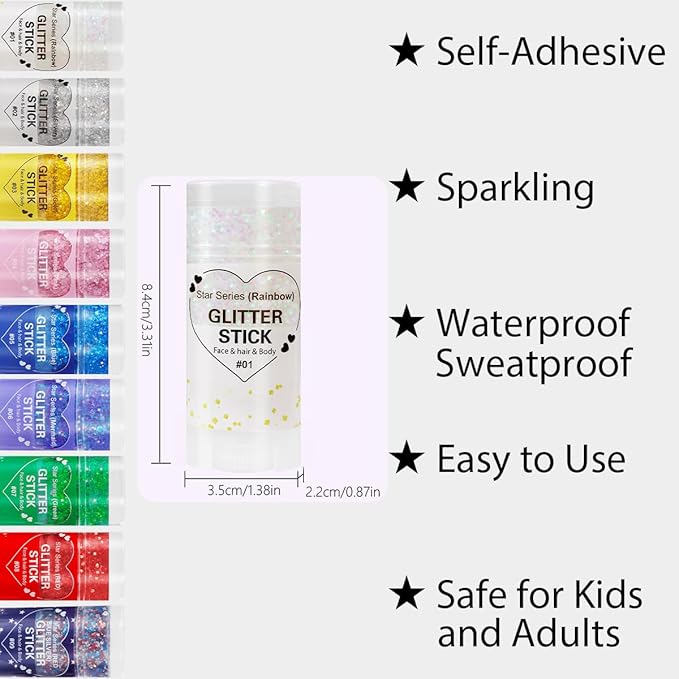 Mysense Rainbow Body Glitter Stick,Face Hair Glitter Christmas Makeup,Sparkling Mermaid Sequins Chunky Glitter Face Paint,Singer Concert Outfit Festival Rave Accessories for Women and Kids