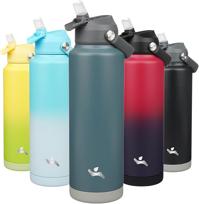 Insulated Water Bottle with Straw Lid,40 oz Stainless Steel Vacuum Metal Bottle with Silicone Handle,Dark Gray