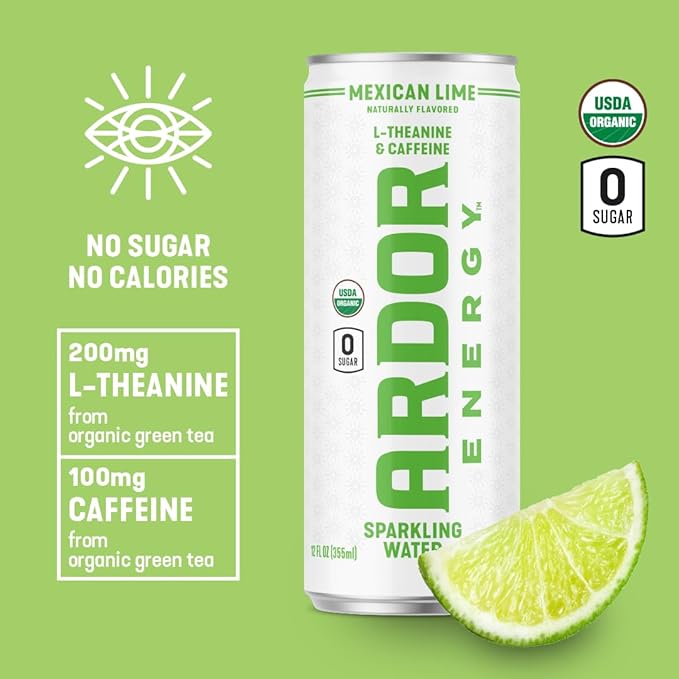 ARDOR Sparkling Water with 100mg Natural Caffeine & 200mg L-Theanine from Organic Green Tea for Smooth Energy & Focus | No Sugar, 0 Calories | Vegan, Gluten-Free | Mexican Lime - 12 Ct