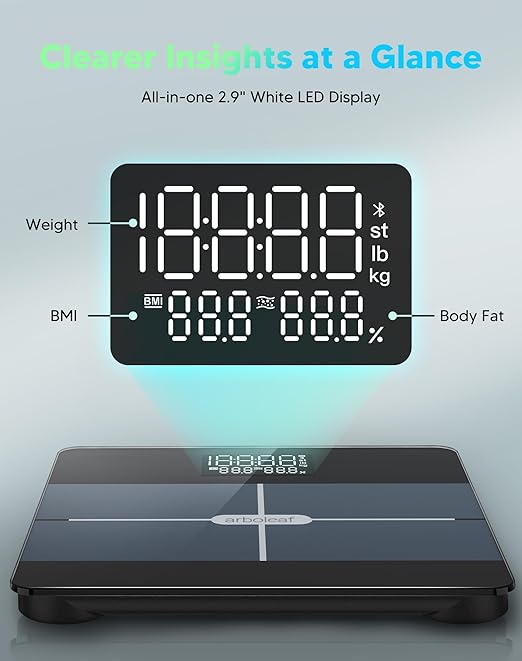 arboleaf Smart Scale for Body Weight, Body Fat Scale with BMI Muscle Mass, 3-in-1 LED Display, Bluetooth Accurate Weight Machine, Tracks 14 Body Metrics via App, Sturdy Tempered Glass, 400lb