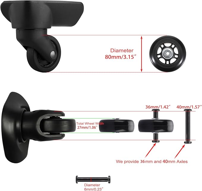 OwnMy 80mm x 23mm Luggage Wheels Replacements - Set of 2 Mute Suitcase Replacement Wheels with Black Screws Axles Bearings, Rotatable Rubber Luggage Suitcase Swivel Wheel Kit