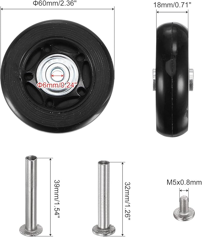 uxcell Replacement Luggage Wheels 60x18mm Suitcase Wheel Repair Kits Include 2 PU Bearing Wheels & Washers, Wrenches & Axle Screw for Trolley Bag, Inline Skate and Caster Board