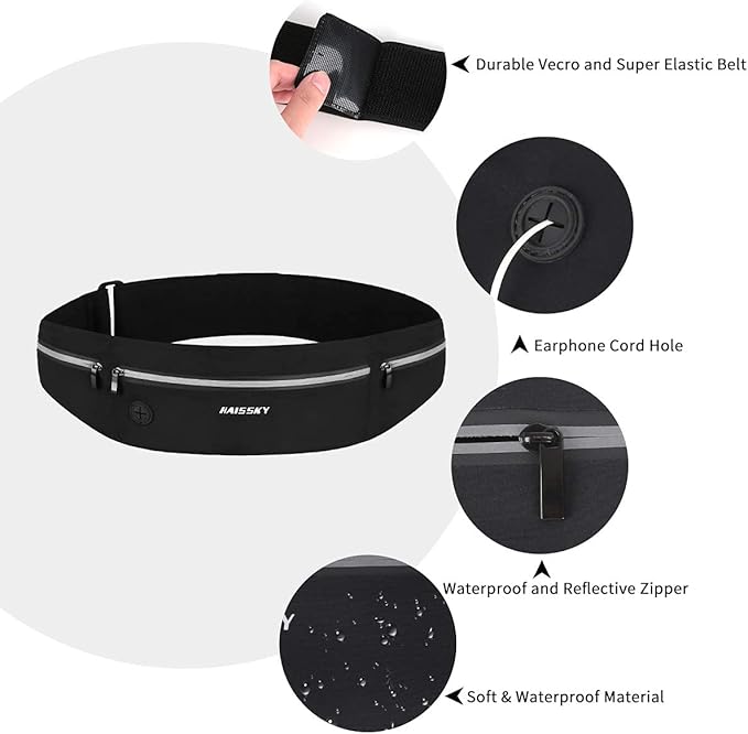 GUZACK Slim Running Belt for Phone 6.8'', Ultra Light Running Belts for Women/Men, Zipper Waterproof Running Waist Pack, Reflective Running Fanny Pack With 3 Separate pouch