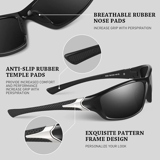 Polarized Sports Sunglasses for Men Women,Fishing Driving Rectangular Goggles UV400 Protection