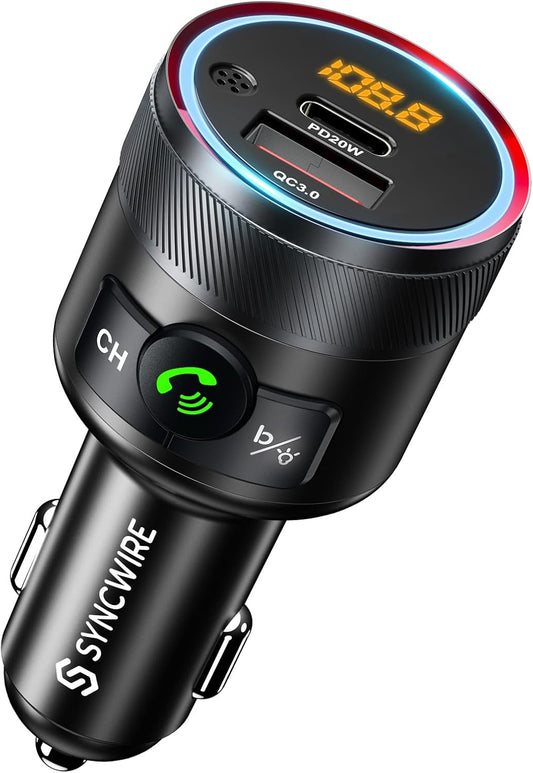 Syncwire Bluetooth 5.4 FM Transmitter for Car, 38W PD&QC3.0 Dual USB Charging Bluetooth Car Adapter Microphone & Bass Sound MP3 Music Player FM Kit with Hands-Free Calling
