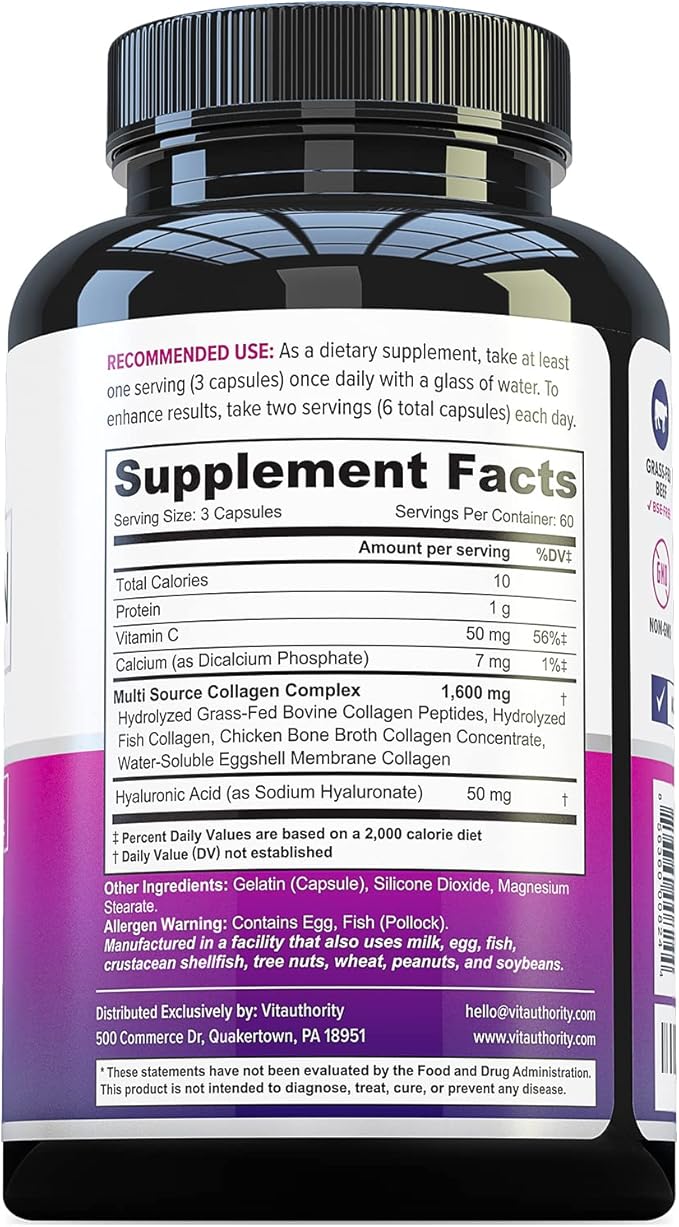 Multi Collagen Peptides Capsules for Women - Hydrolyzed Collagen for Women Pills with Types I II III V & X Plus Vitamin C & Hyaluronic Acid for Beautiful Hair Skin and Nails - 60 Servings