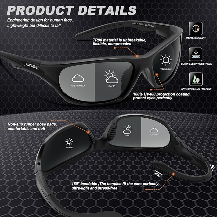 Polarized Sports Sunglasses for Men,TR90 Unbreakable Frame Sunglasses for Fishing Driving Cycling UV400 Protection