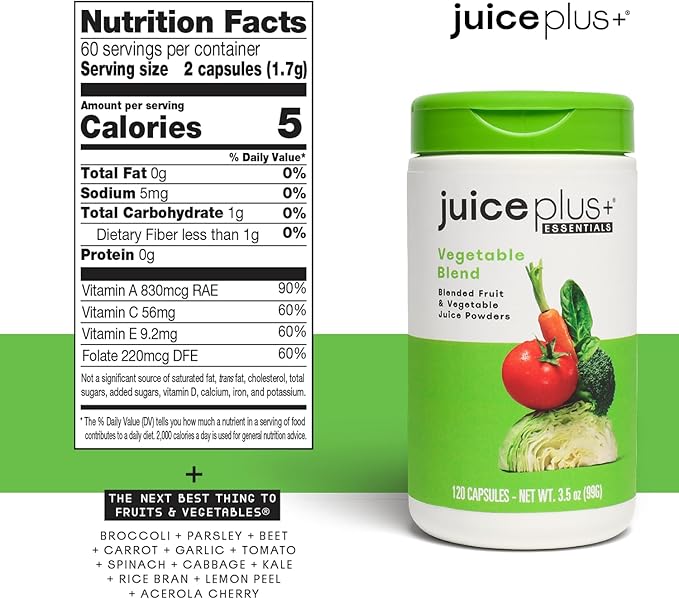 Juice Plus+ Vegetable Blend: with Broccoli, Parsley, Tomato & More - Plant-Based, Vegan, Gluten-Free, Non-GMO, Kosher - for Heart, Immune, Cognitive & Skin Health - 1 Bottle (60 Servings)