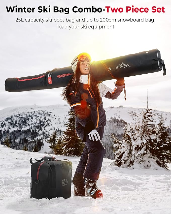 KEMIMOTO Ski Bag and Boot Bag Combo, Snowboard Bag Padded Ski Bags for Air Travel, Snow Ski Bags Fit Skis Up to 200cm, Ski Double Bag Combo