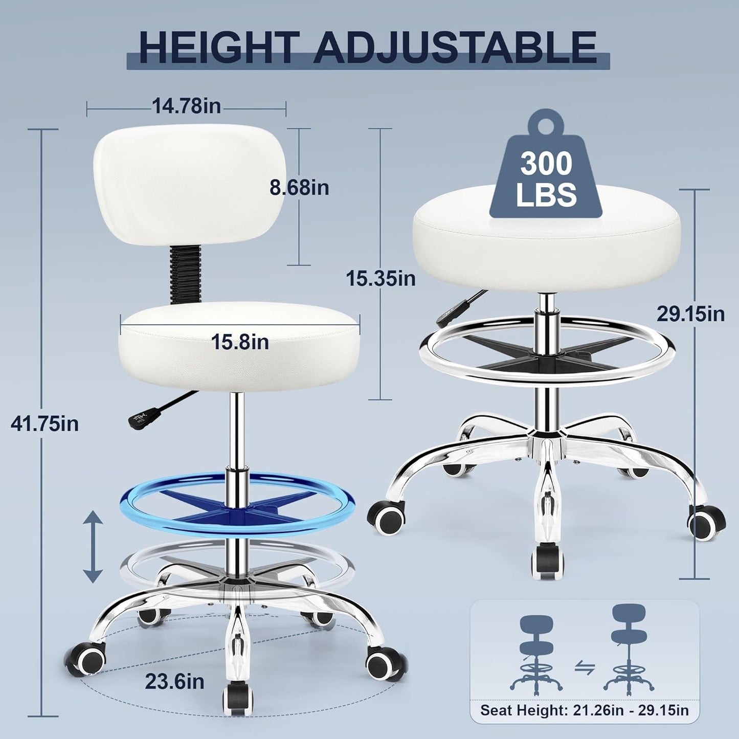 Drafting Chair with Backrest – Adjustable Foot Rest Rolling Stool with Wheels, PU Leather Swivel Stool for Office Spa Studio Lab Counter Salon Home Work Bar Kitchen Shop(White)