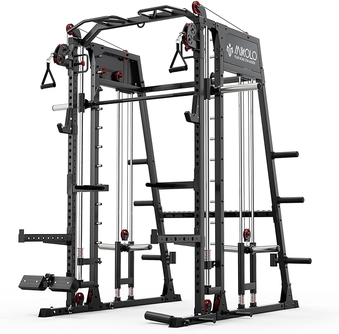 Mikolo Smith Machine, 2200lbs Squat Rack with LAT-Pull Down System & Cable Crossover Machine, Training Equipment with Leg Hold-Down Attachment