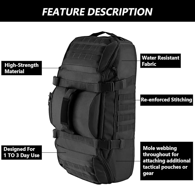 65L Large Duffle Bag, 3-in-1 Tactical Backpack MOLLE Pack for Workout, Sports, Gym, Outdoor, Black Red Patch