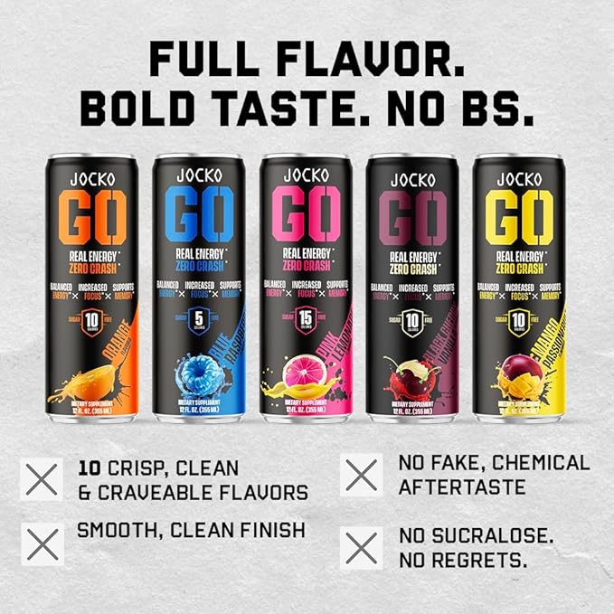 Jocko GO Energy Drink - Keto, Vitamin B12, Vitamin B6, Electrolytes, L Theanine, Magnesium- Energy Boost, Sugar Free Nootropic Monk Fruit Blend - 12 Pack (Iced Tea - Lemonade)