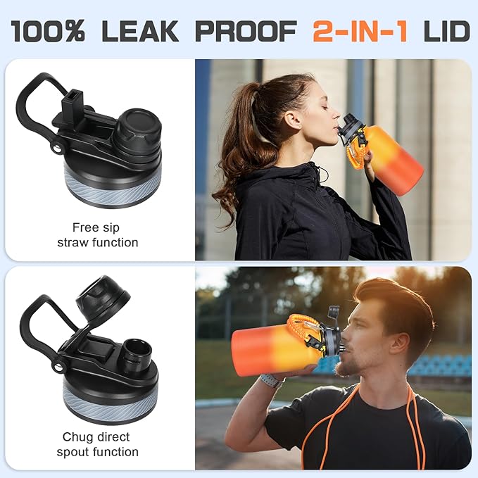 Insulated Water Bottle 64 oz, Half Gallon Water Jug Cold 48H, BPA Free Stainless Steel Bottles with Straw/Chug 2-in-1 Lid, Bag, Paracord Handle, Silicone Boot, Sports Gym School Metal Flask